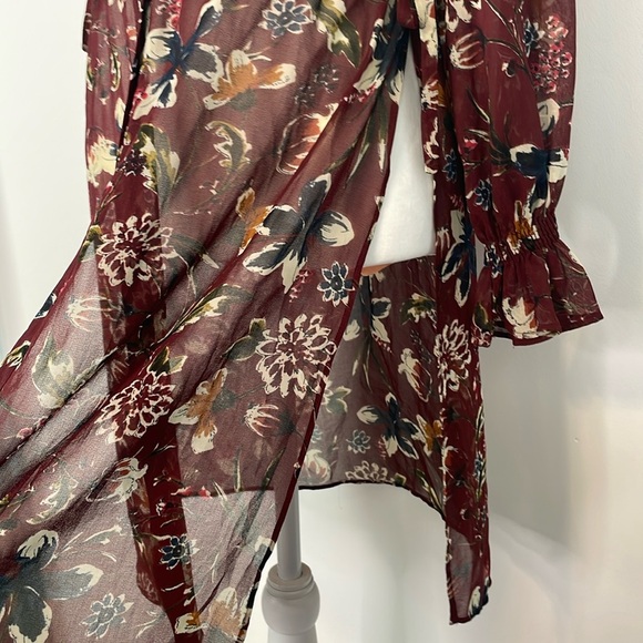 Zara Basic Maroon Floral Semi Sheer Long Cardigan Length Blouse. Size XS - Picture 7 of 16